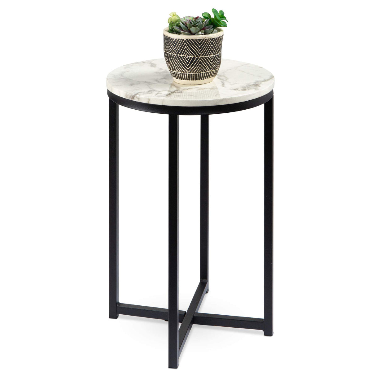 Best Choice Products 16in Faux Marble Accent Table, Modern End Table, Small Coffee Table Home Decor for Living Room, Dining Room, Tea, Coffee w/Metal Frame, Foot Caps, Designer - White/Matte Black