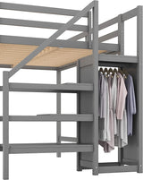 Full Loft Bed, Loft Bed Full Size with Storage Staircase and Wardrobe for Clothes, Wooden High Loft Bed Frame for Kids Girls Boys Bedroom, Grey