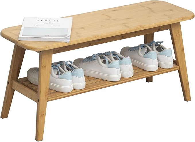 Shoe Rack Bench, Bamboo Entryway Bench, Organizer with 2 Tier Storage, Simple Style