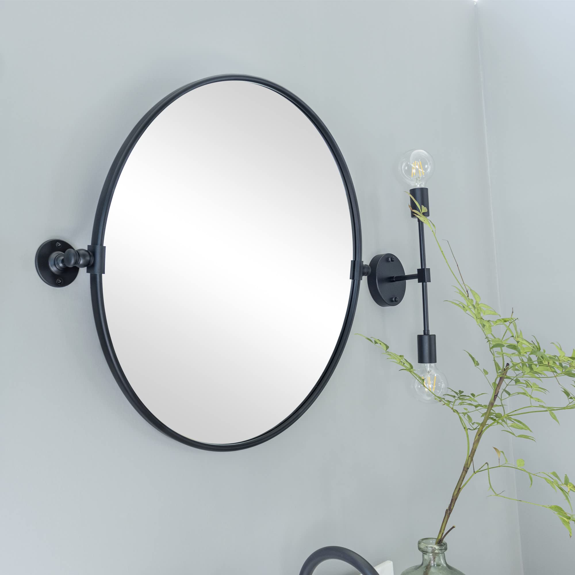 Round Pivot Bathroom Mirror - 24" Black Metal Framed Tilting Wall Mount