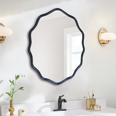 Black Round Mirror, 30" Bathroom Wavy Mirror, Wall Mounted Mirror, Circle Decorative Mirrors for Master Bath Half Bath Bedroom Living Room Bedroom Fireplace Entryway