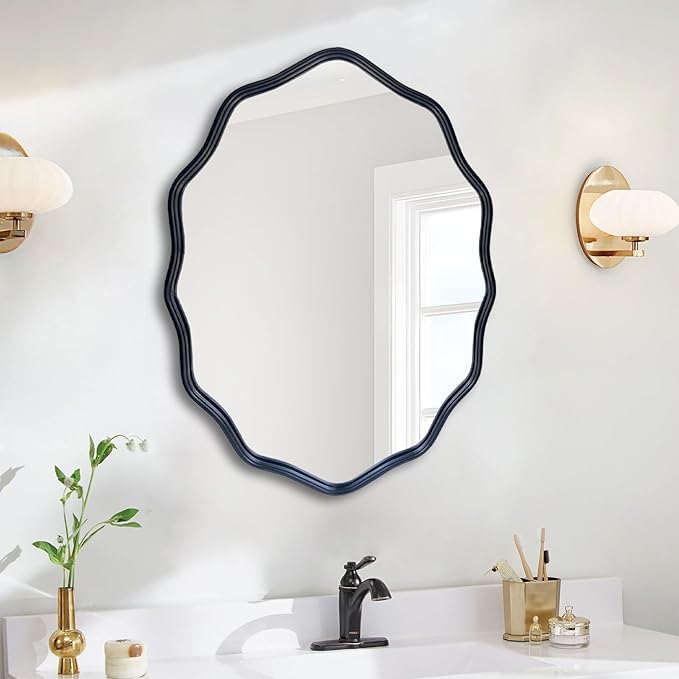 Black Round Mirror, 30" Bathroom Wavy Mirror, Wall Mounted Mirror