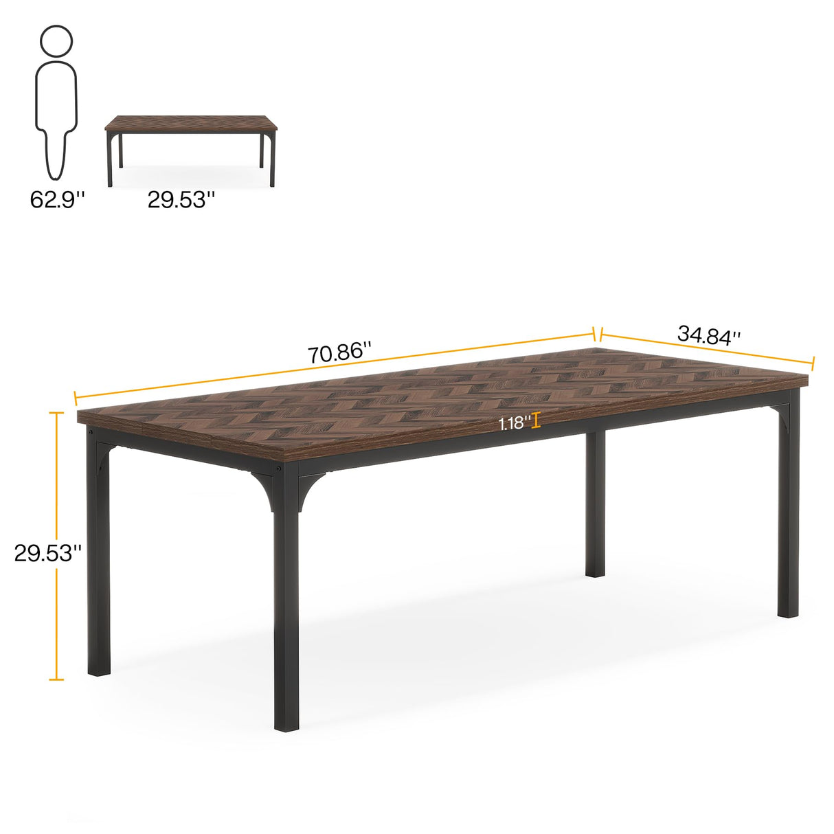 Farmhouse Dining Table for 6-8, 70.9 Inch Rectangular Wood Kitchen Table with Heavy Duty Metal Legs