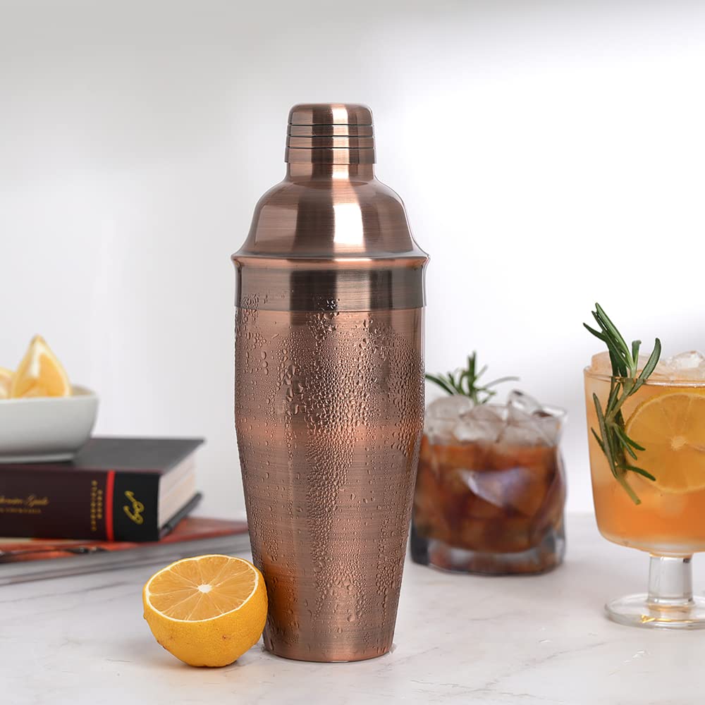 Antique Copper & Stainless Steel 24 oz Cocktail Shaker with Built In Strainer for Bartending