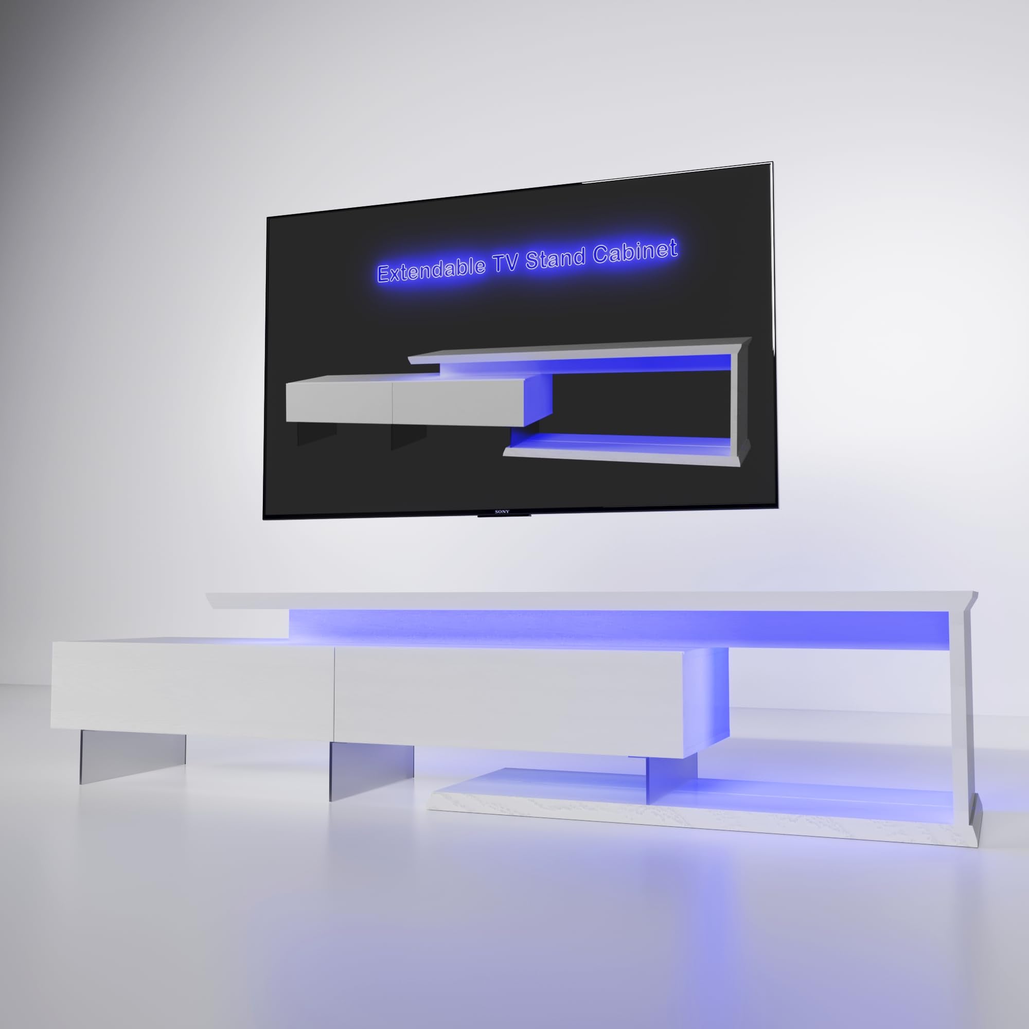 TV Console Extendable LED TV Stand with Remote Control & Storage Cabinets, Changing