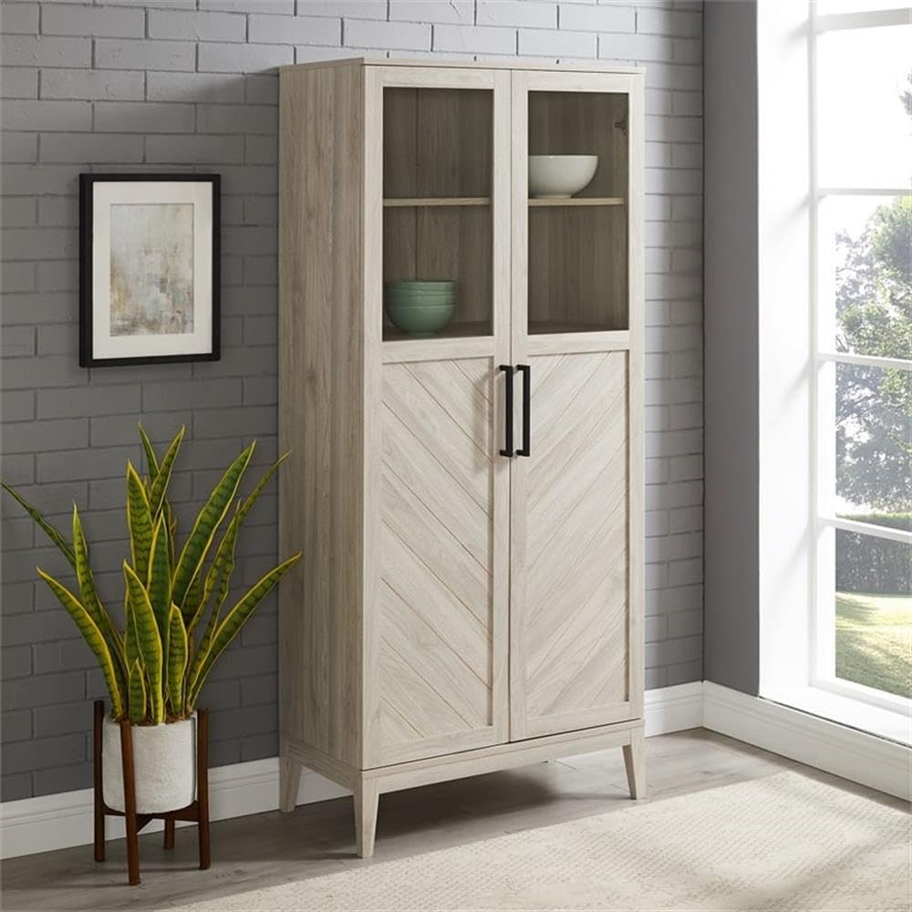Emma Boho Chevron 2 Door Glass Window Hutch with Bottle Storage, 68 Inch, Birch