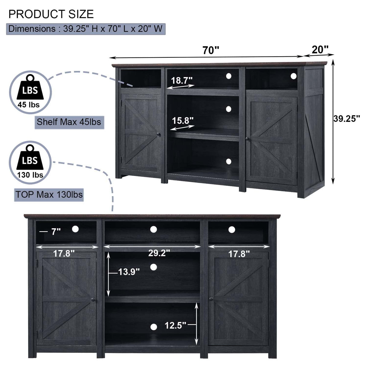 Farmhouse TV Stand for TVs Up to 80 inches, 39" Tall Highboy Entertainment Center