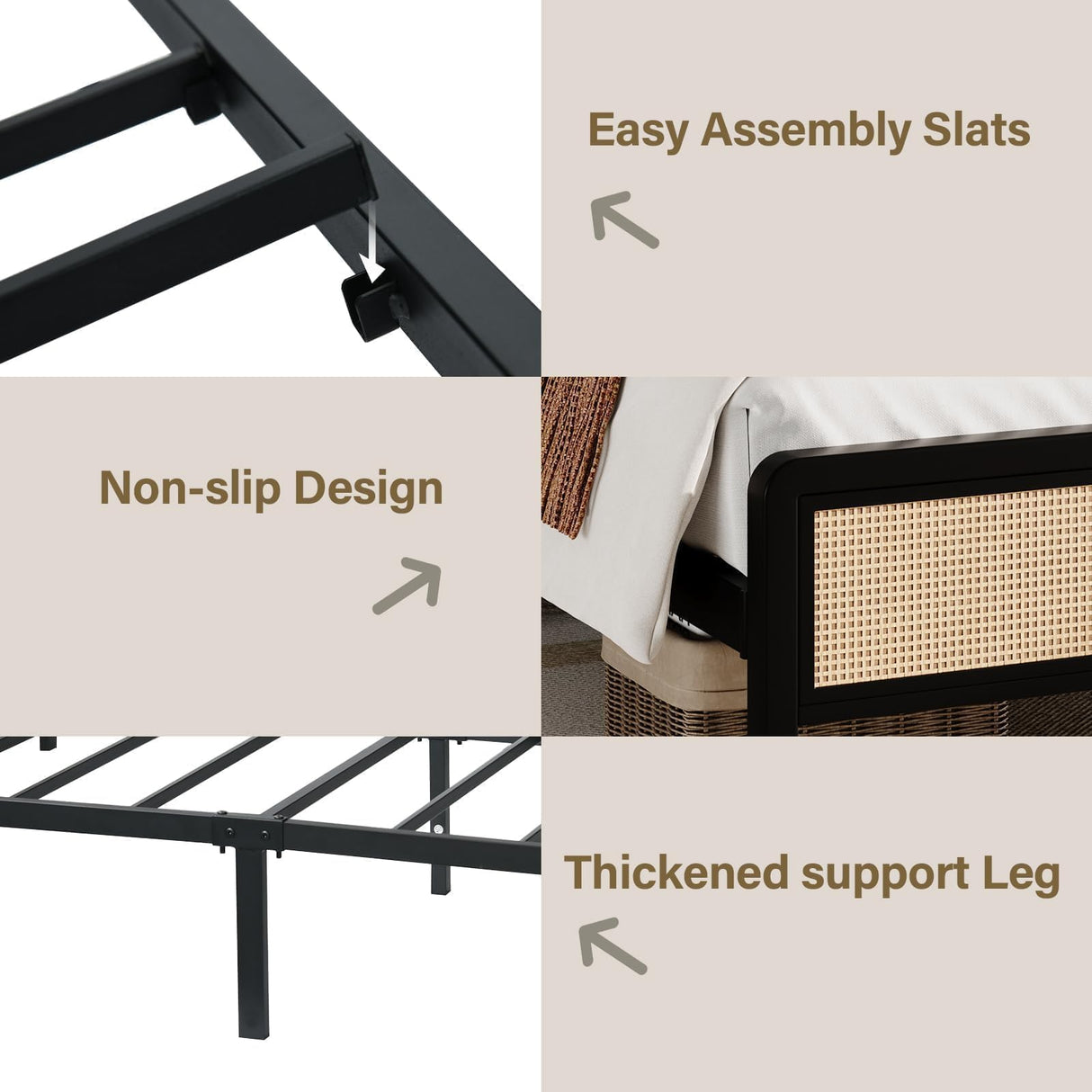 CHABUILDREARK Twin Bed Frame with Headboard, Rattan Bed Frame, Metal Platform Bed with Steel Slats Support, No Box Spring Required, Easy Assembly