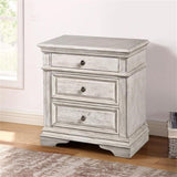 Highland Park Nightstand, Driftwood Finish, Nickle Hardware, 2 USB Charging Ports, 2 Full Size Drawers & 1 Half Size Drawer, Bedroom, 28" L x 17" D x 29.5" H, White