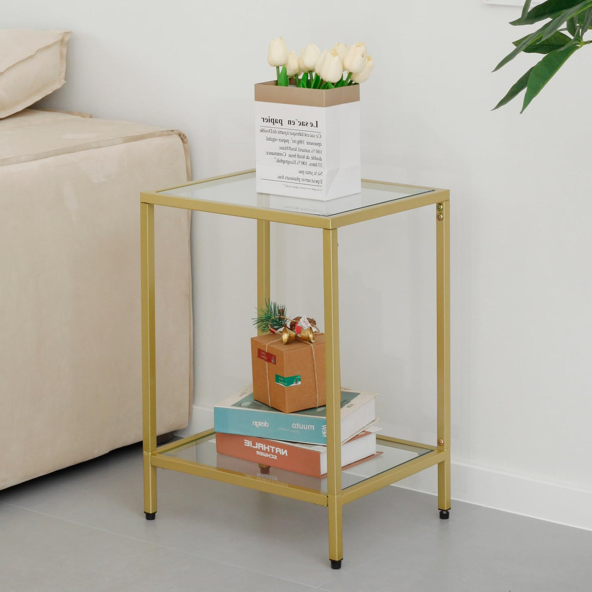 2-Tier End Table with Tempered Glass, Gold Metal Side Tables Sofa Side Table