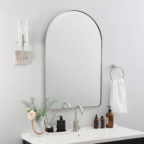 Brushed Nickel Arched Mirror, 24x36’’ Arched Bathroom Mirror, Arch Wall Mirror