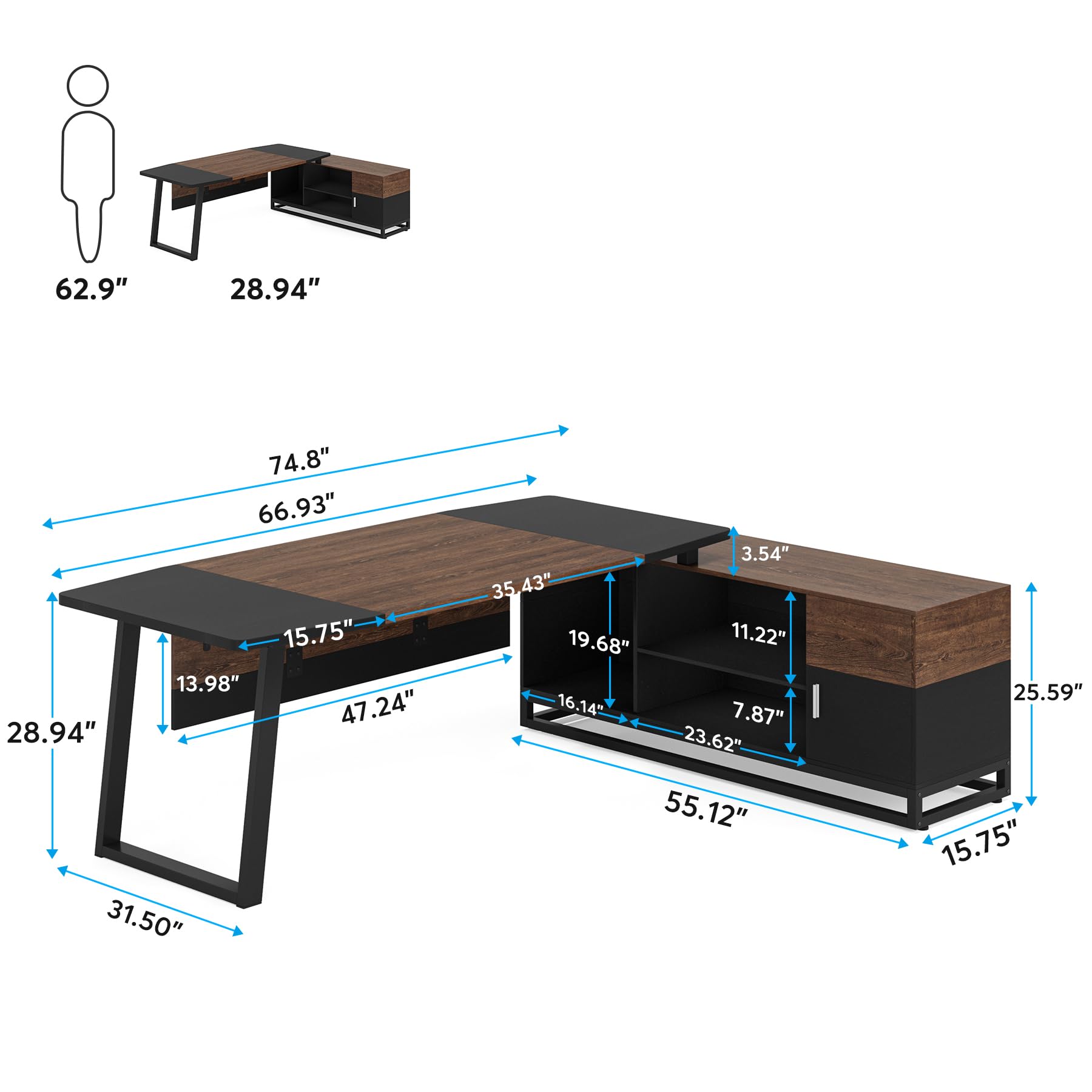 74.8” Executive Desk and 55” Lateral File Cabinet, Large L-Shaped Computer Desk