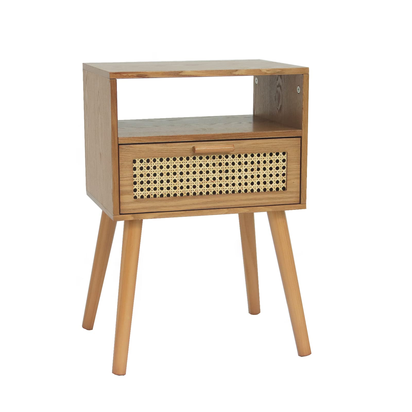 Mid Century Modern Nightstand with Drawer, Small Nightstand Bedside Table, Brown Rattan Nightstand, Wood End Table for Bedroom, Living Room (Brown)