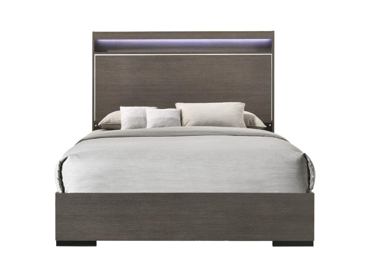 Escher Wooden Queen Panel Bed with LED in Gray Oak