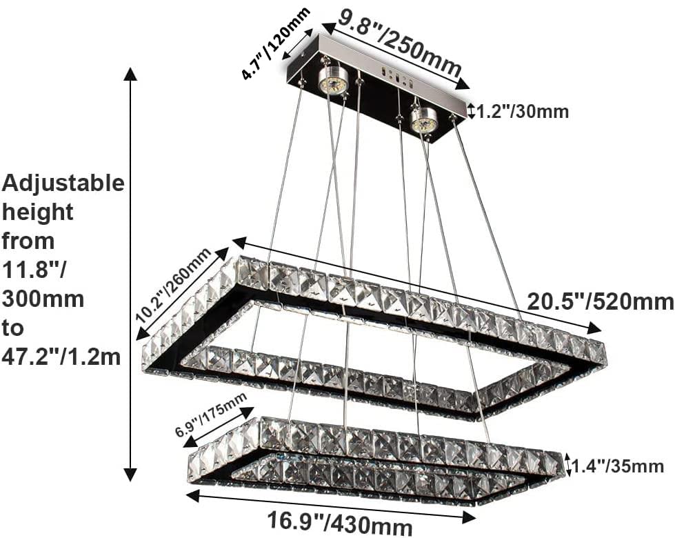 Modern Chandelier 2 Rings Rectangular Crystal Chandeliers LED Pendant Light Adjustable