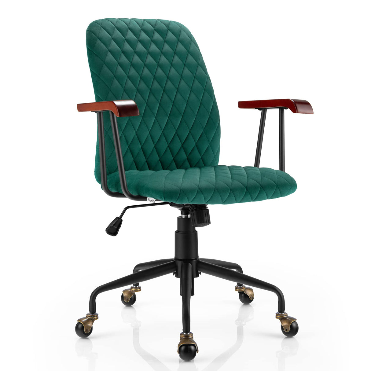 Vintage Green Velvet Office Chair - Adjustable Swivel Desk Chair with Copper Wheels
