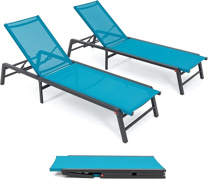 Chaise Lounge Chair Set of 2, Assemble-Free Aluminum Poolside Lounge Chairs for Outside