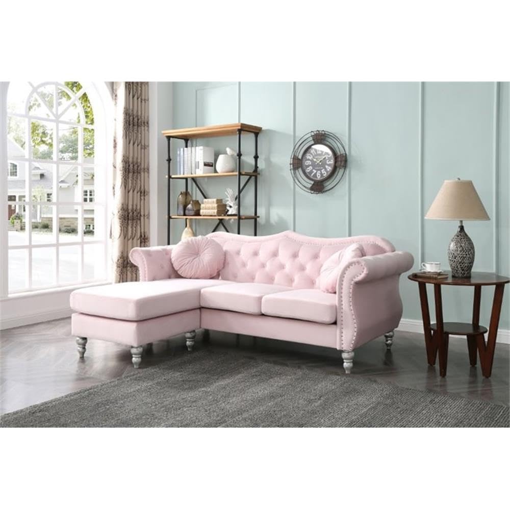 Transitional Velvet Back Tufted Sofa Chaise in Pink