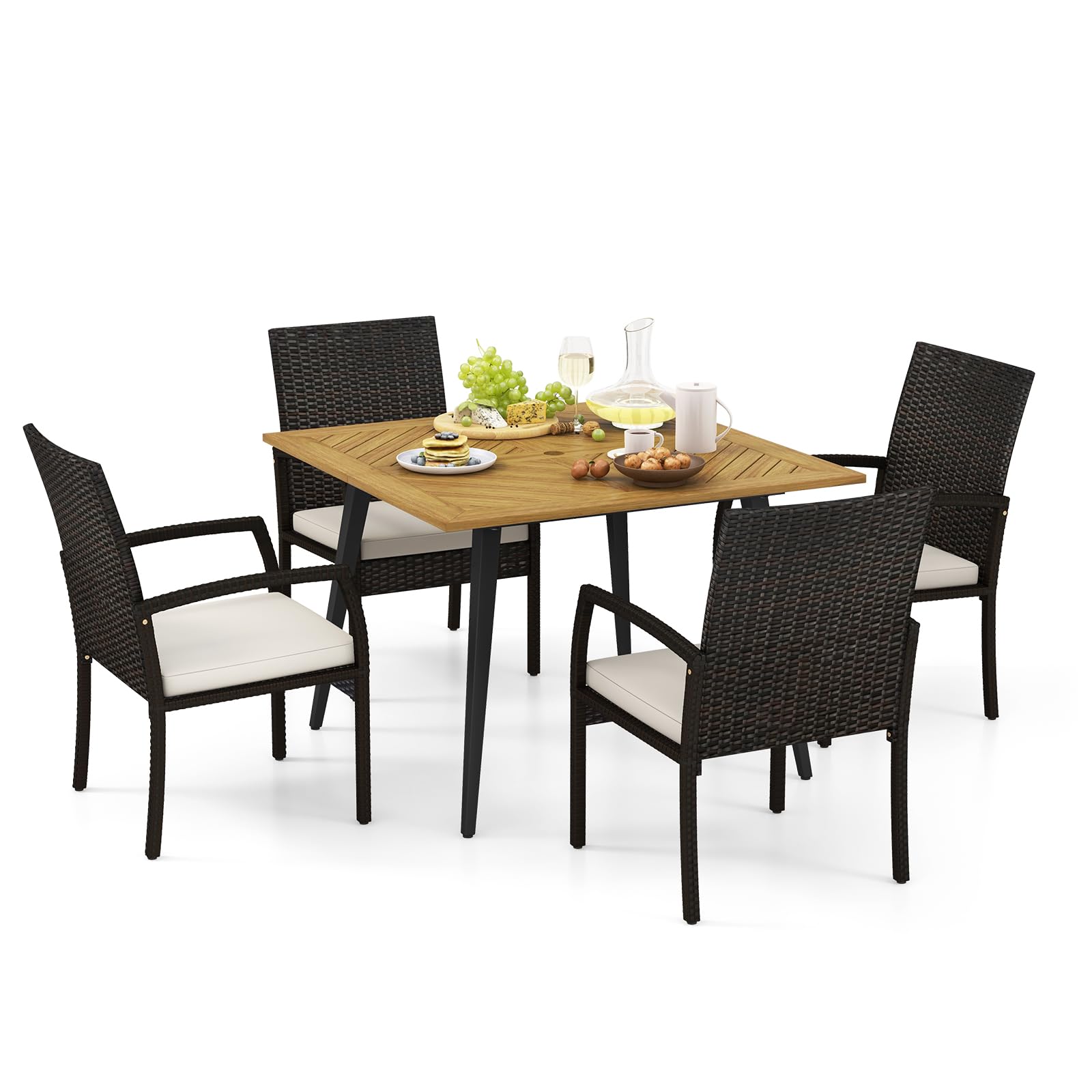 5 Pieces Patio PE Wicker Dining Set, Outdoor Dining Table and Chairs with Cushions