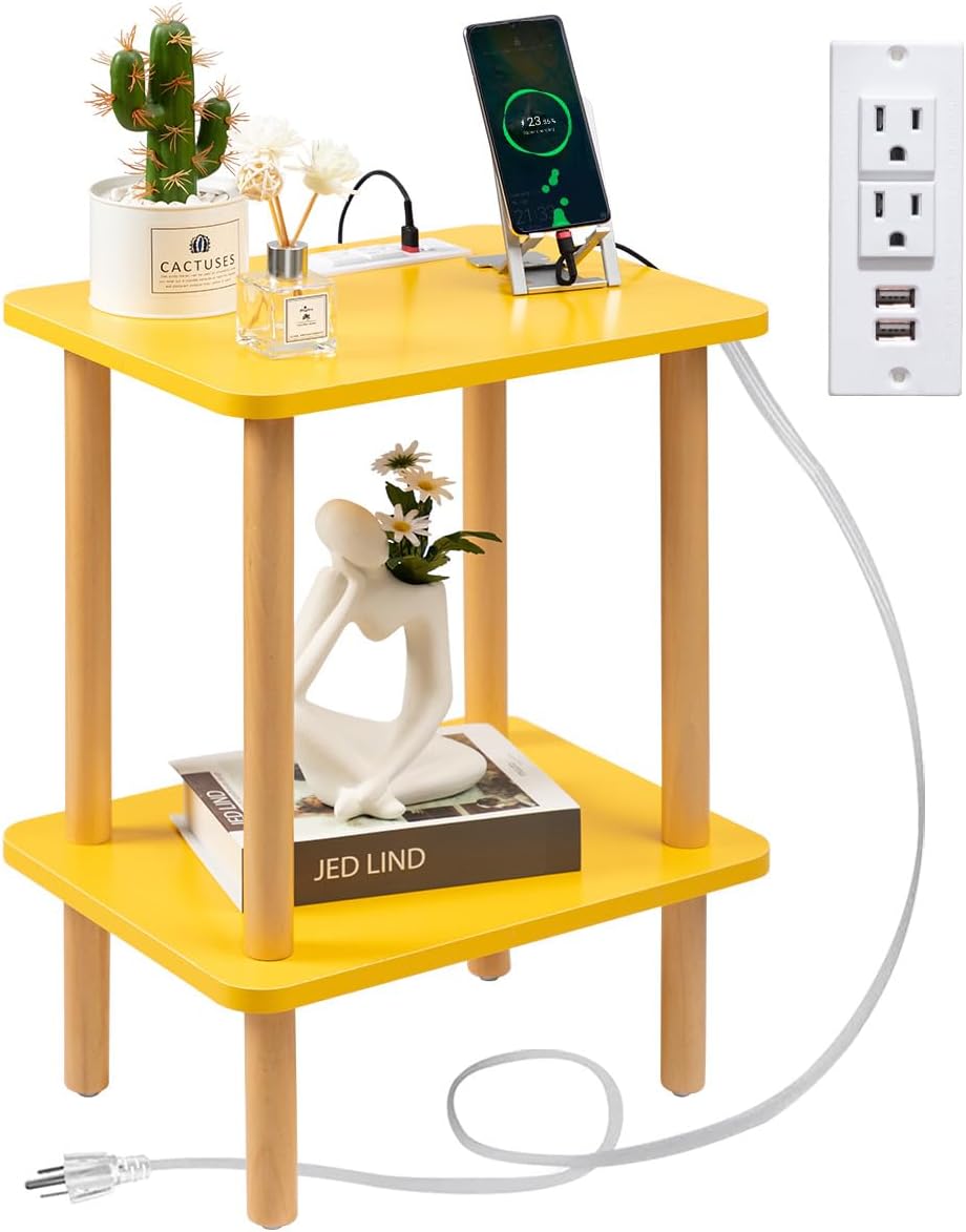 Side Table, End Table with Charging Station, Small Bedside Table Small Side