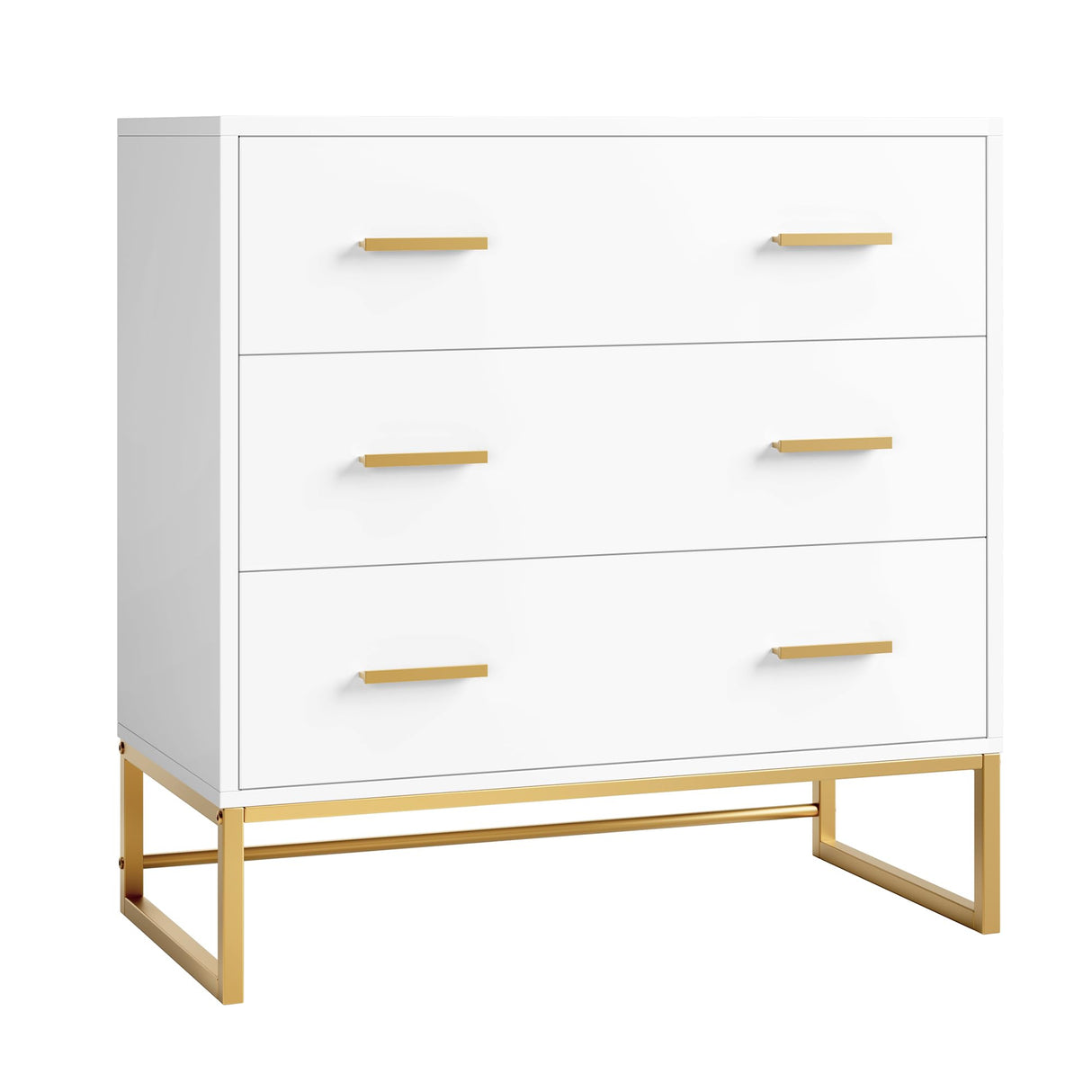 White Dresser with 3 Drawers, White Gold Dresser with Metal Handle and Frame