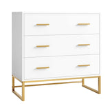 White Dresser with 3 Drawers, White Gold Dresser with Metal Handle and Frame