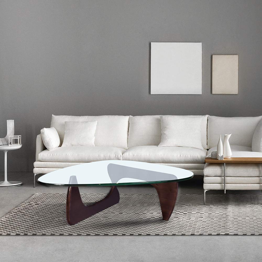 Noguchi Table Triangle Glass Coffee Table with Solid Wood Base
