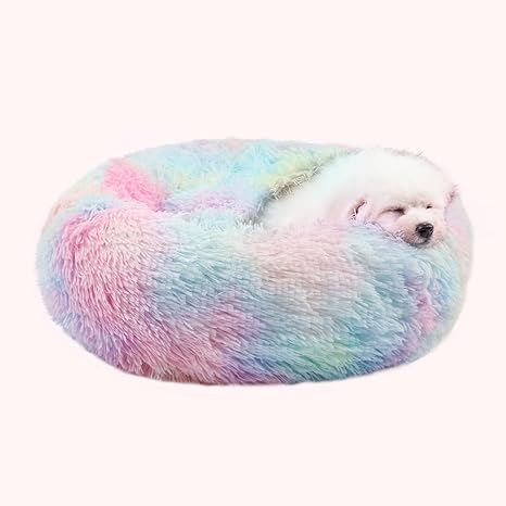 Dog Beds for Small Dogs, Donut Dog Bed with Blanket Attached, Calming Dog