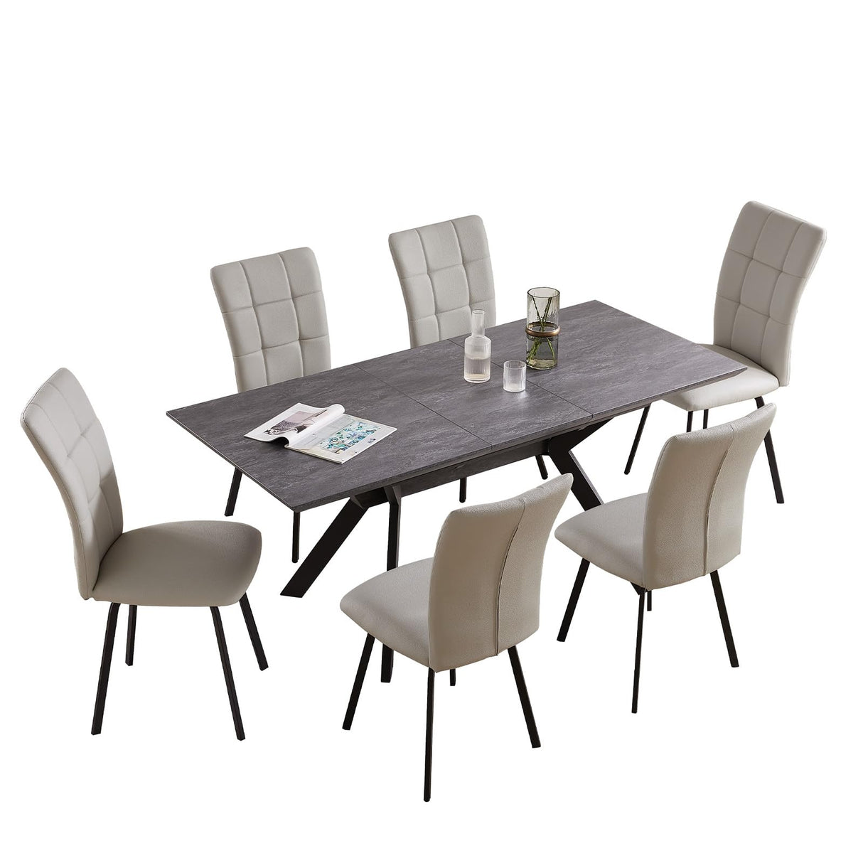 7 Piece Dining Table Set, 55'' to 71'' Extendable Rectangular Dining Table with 6 PU Dining