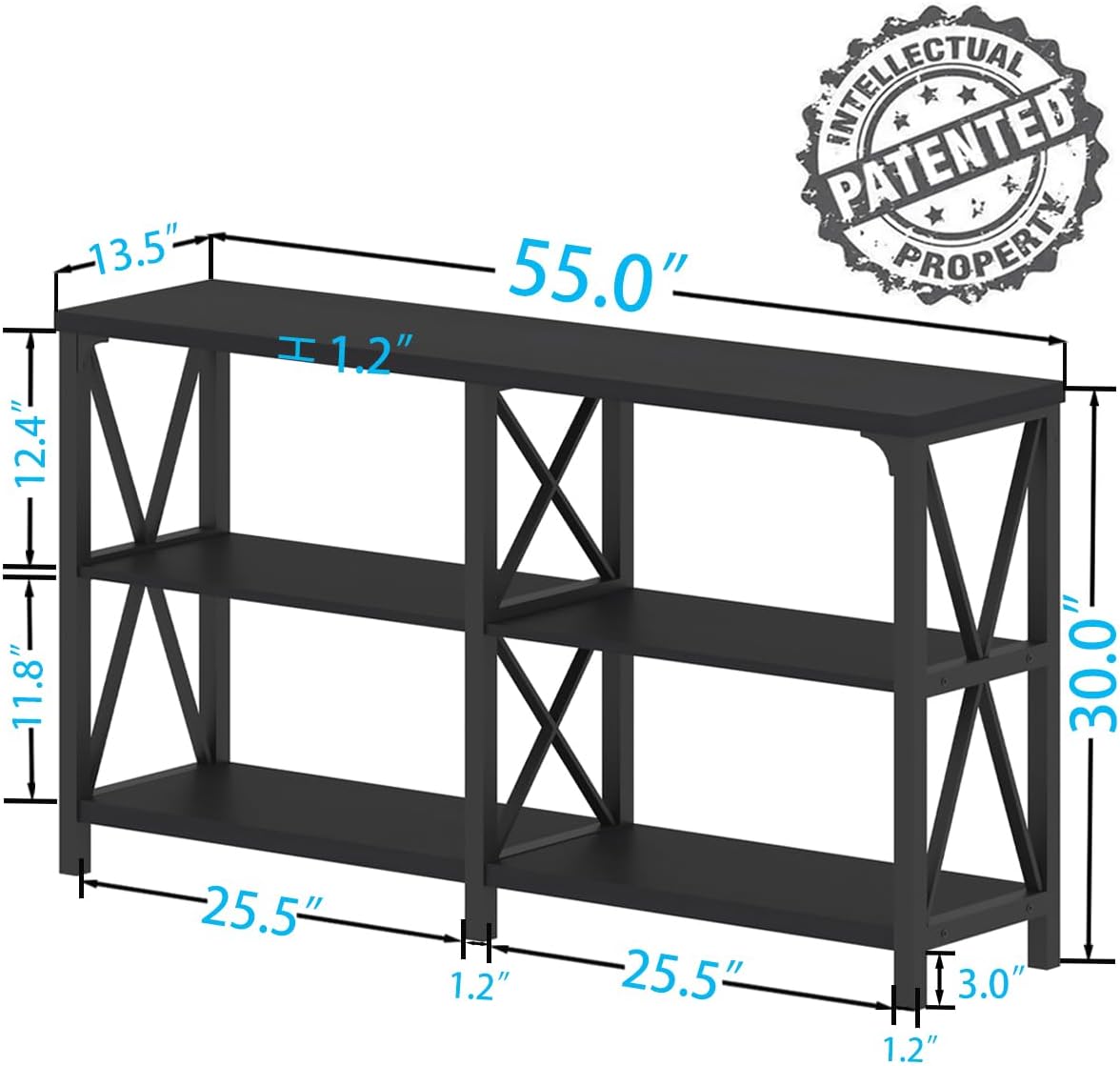 Black Console Table, Modern Entryway Table with 3 Tier Storage Shelves, Industrial Sofa Table Behind Couch for Living Room,