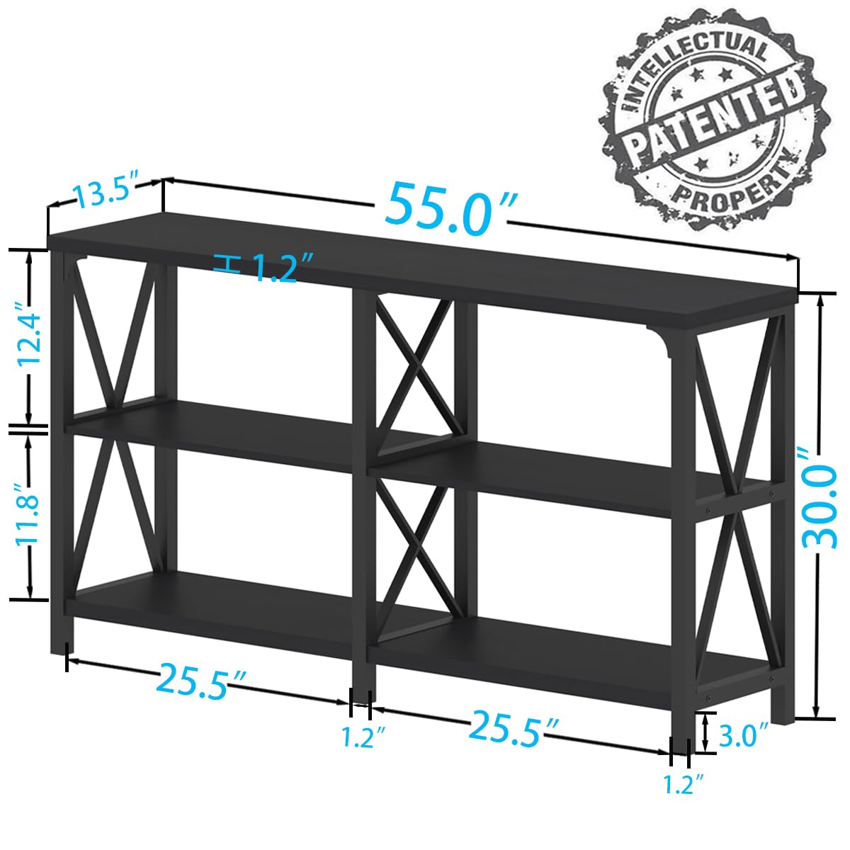 Black Console Table, Modern Entryway Table with 3 Tier Storage Shelves, Industrial Sofa Table Behind Couch for Living Room,