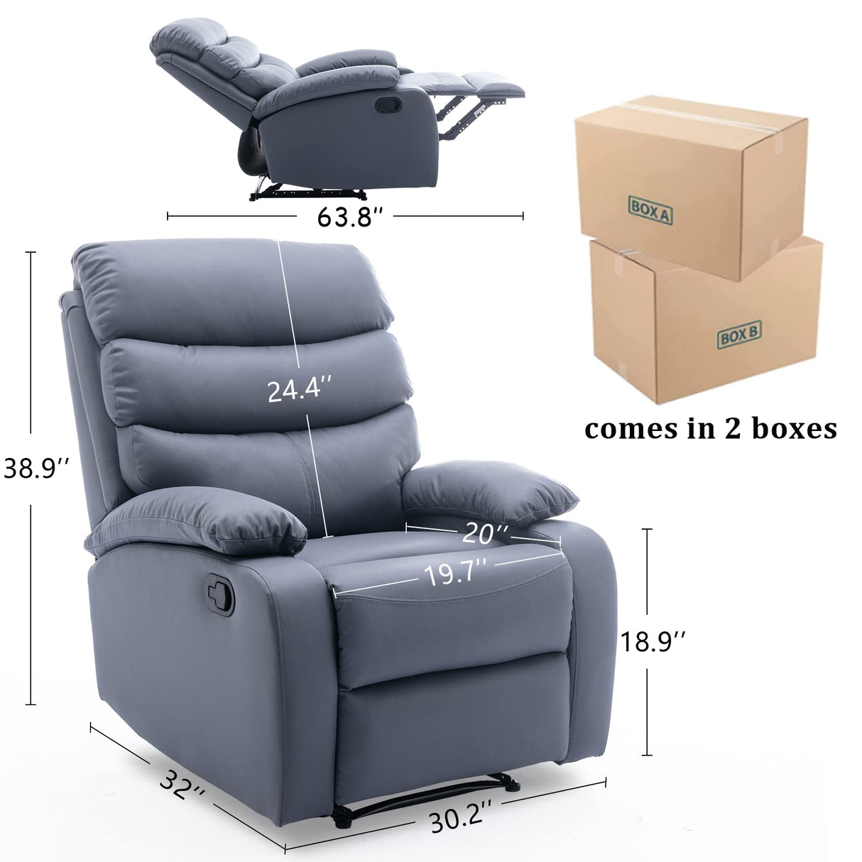 Recliner Chair for Adults, Faux Leather Reclining Chairs for Living Room Made of Waterproof Fabric, Modern Recliner for Bedroom, Dark Grey