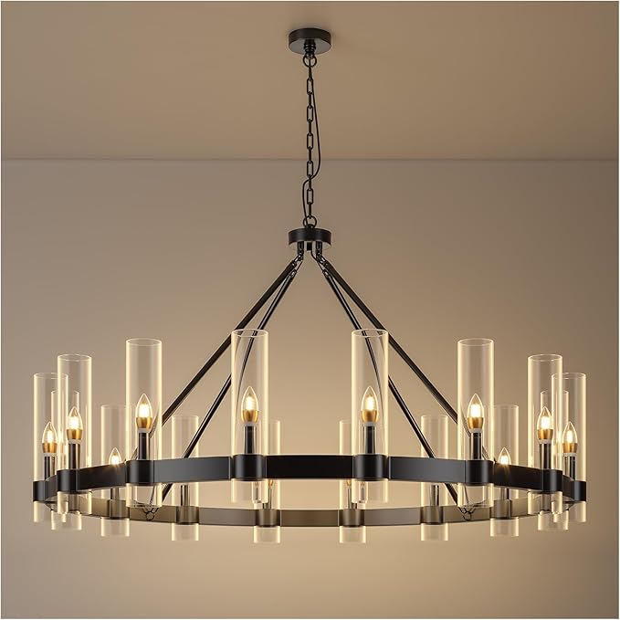 24-Lights Black Wagon Wheel Chandelier Modern Farmhouse with Glass Shade