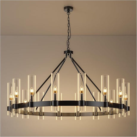 24-Lights Black Wagon Wheel Chandelier Modern Farmhouse with Glass Shade