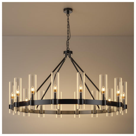 48 Inch Black Wagon Wheel Chandelier with Glass Shade, 16 Lights, Modern Farmhouse