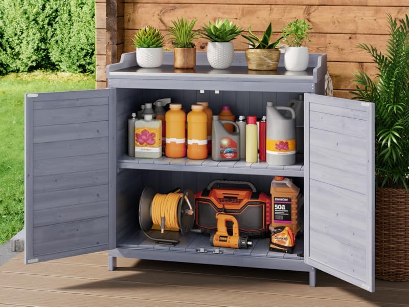 Outdoor Potting Bench with Metal Tabletop, Outdoor Garden Patio Wooden Storage Cabinet with Adjustable Shelf, Double Doors Garden Work Bench for Backyard, Patio, Lawn - Grey