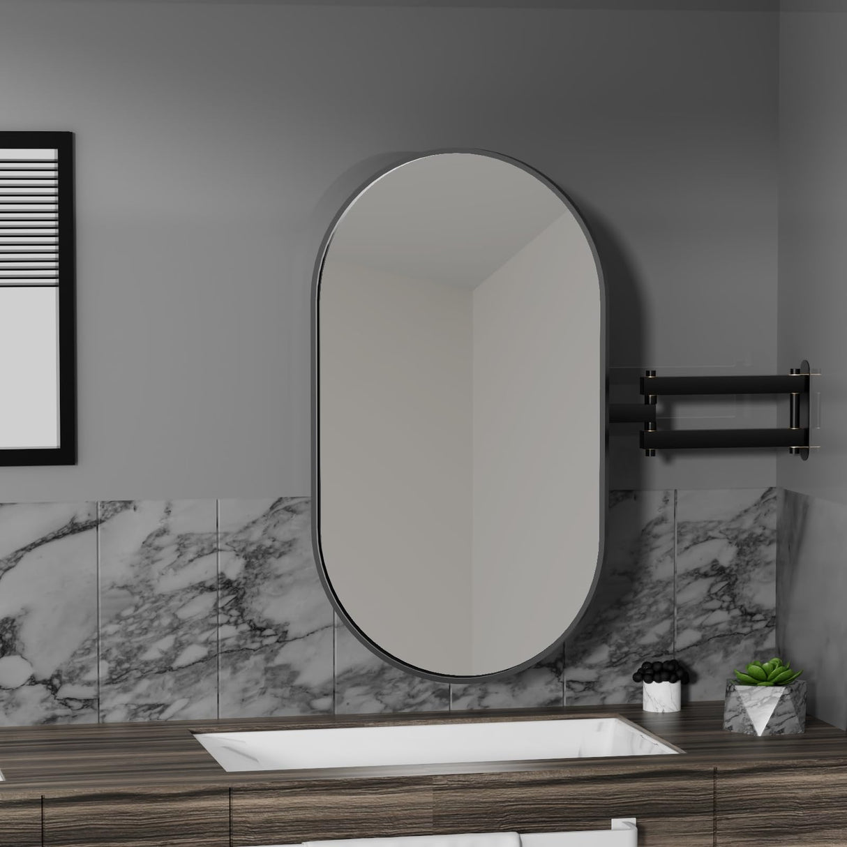 32" x 20" Black Oval Wall Mirror with Extendable Swivel Arm