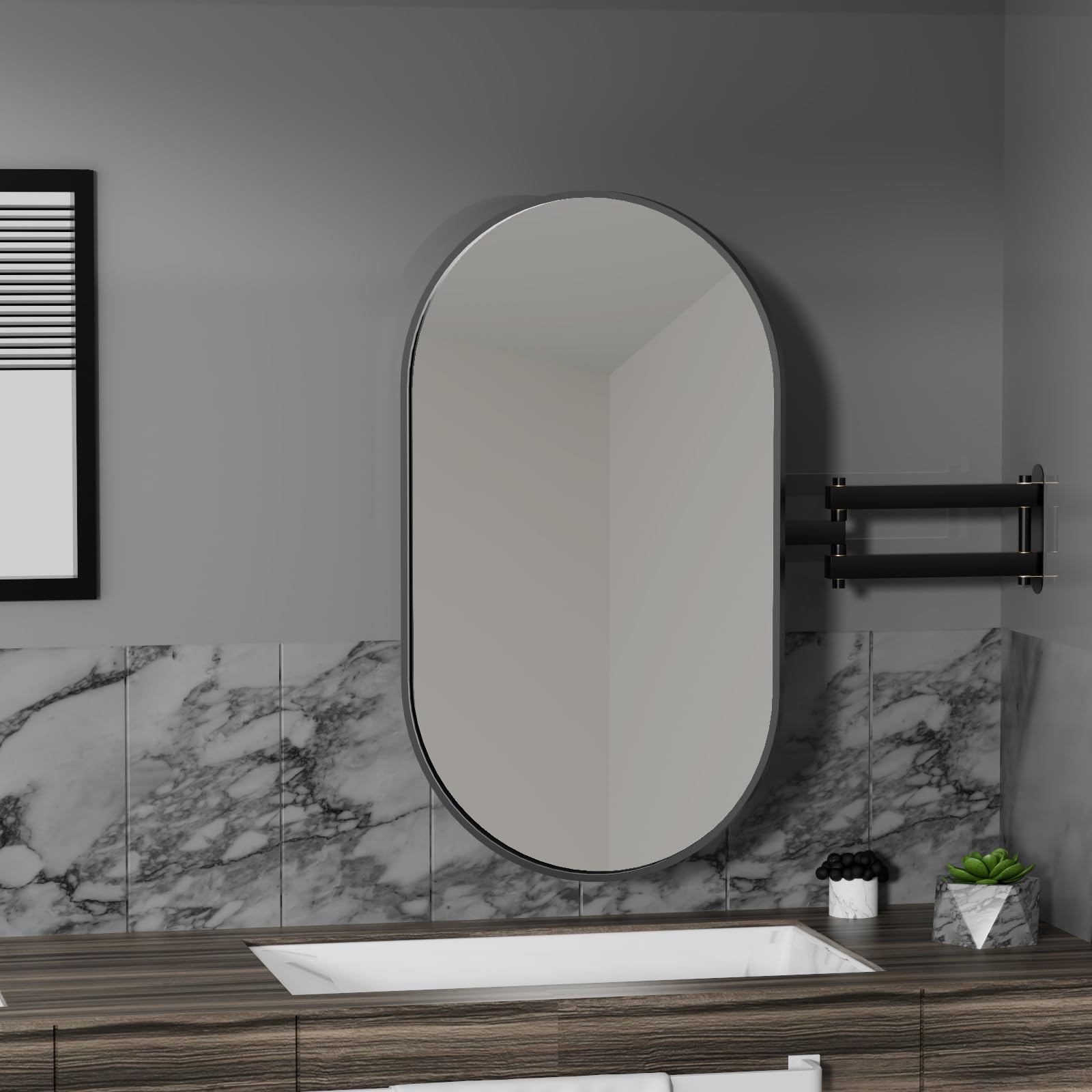 32" x 20" Black Oval Wall Mirror with Extendable Swivel Arm