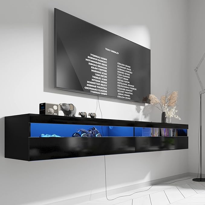 Floating TV Stand, Wall Mounted TV Shelf with Led Lights & Power Outlet