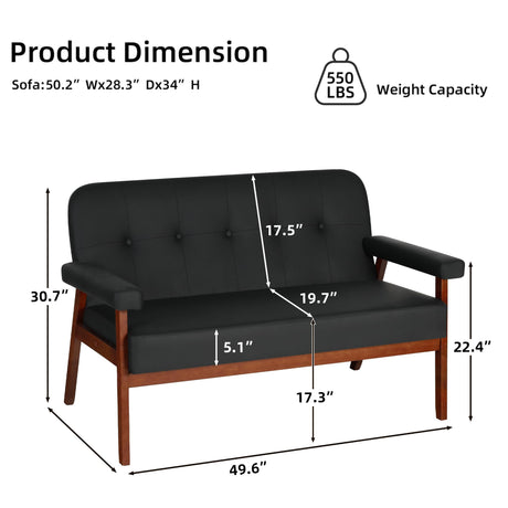 50”W Black Faux Leather Small Office Couch Loveseat Sofa with Wood Arms, Mid Century