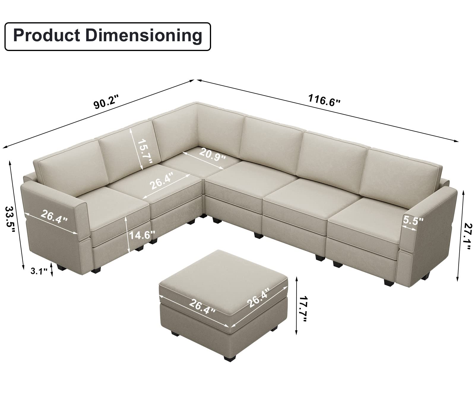Modular Sectional Sofa Couch with Ottoman L Shape Corner Couch Sofa with Storage