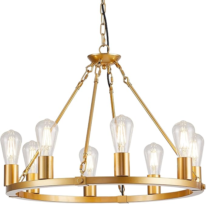Gold Wagon Wheel Chandelier, 8 Lights Dining Room Light Fixture