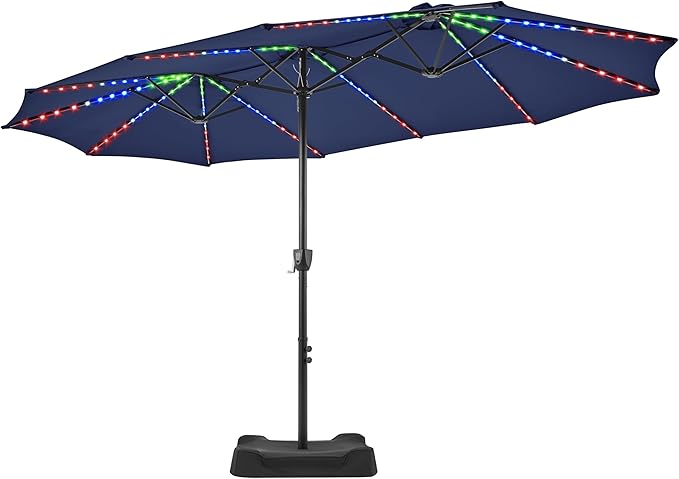 15 ft Large Patio Umbrella with Solar Lights, Double-Sided Rectangle Outdoor Market Umbrellas