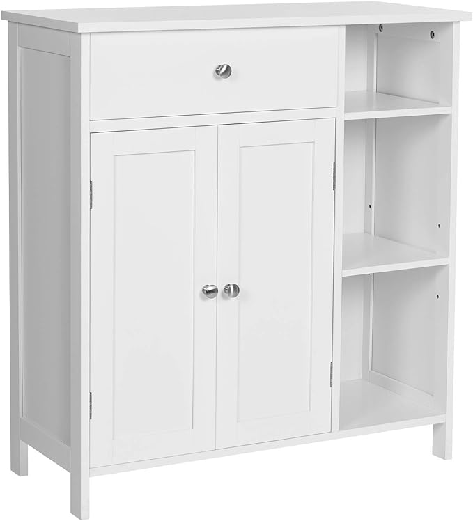 Bathroom Floor, Freestanding Storage Cabinet with Drawer, 3 Open Compartments,