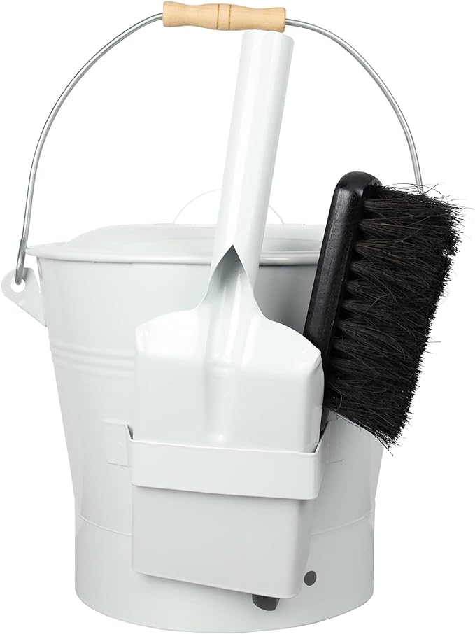 Mini Ash Bucket with Lid, Includes Fireplace Tools, Pail, Shovel and Broom