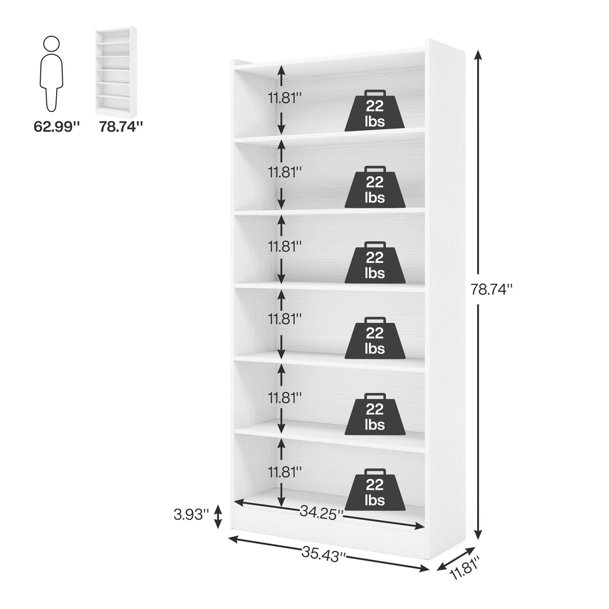 78-inch Tall Bookcase, Modern 7-Tier White Library Bookshelf with Storage Shelves