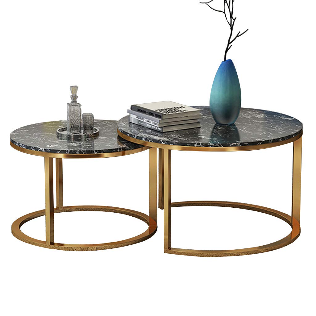 WASHLA Set of 2 Stackable Round Coffee Table/Side Table Metal Golden Frame & Marble Desktop End Tables Office Living Room Bedroom Balcony Accent Home Decor