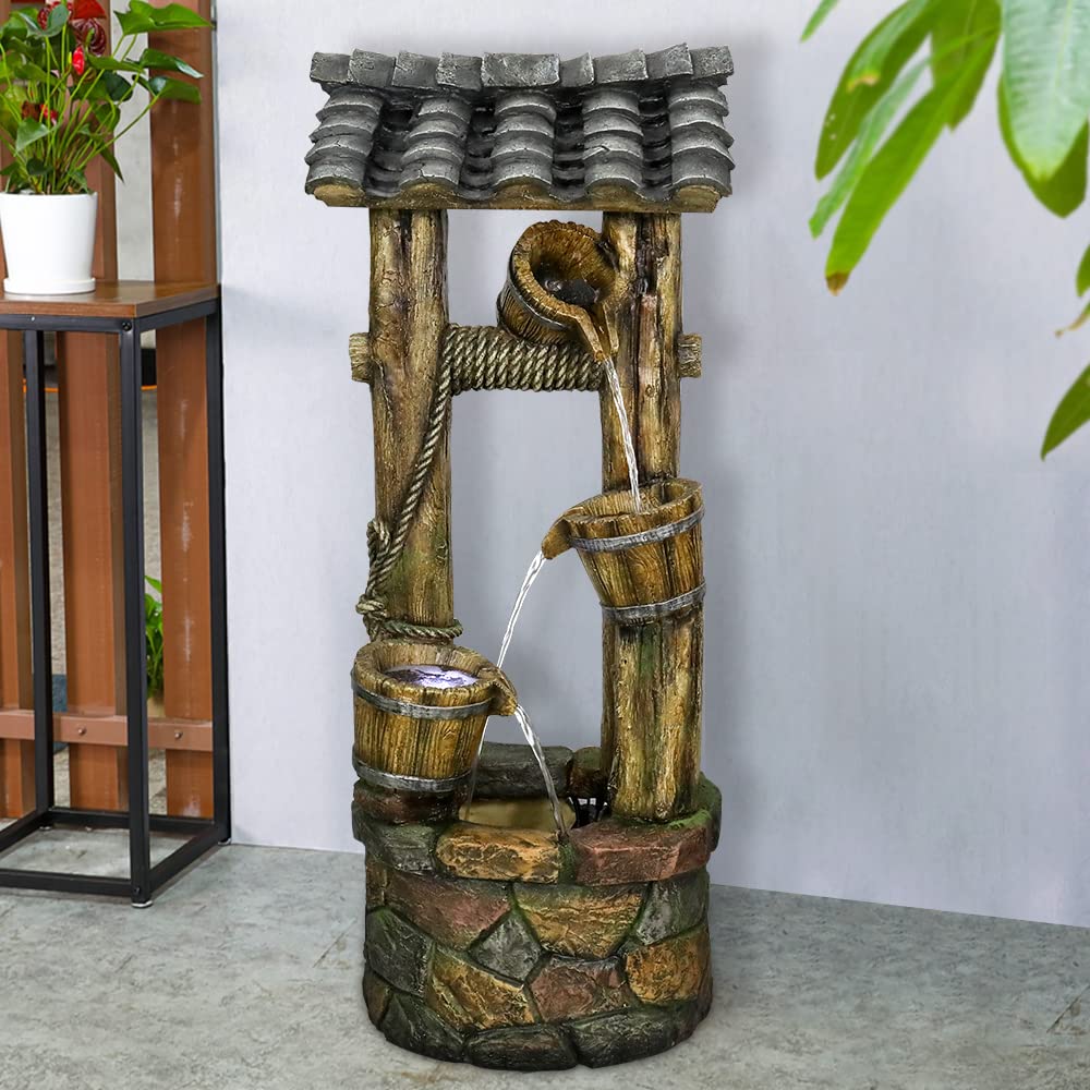 Wishing Well Water Fountain, 39.3inches Rustic Outdoor Water Fountains
