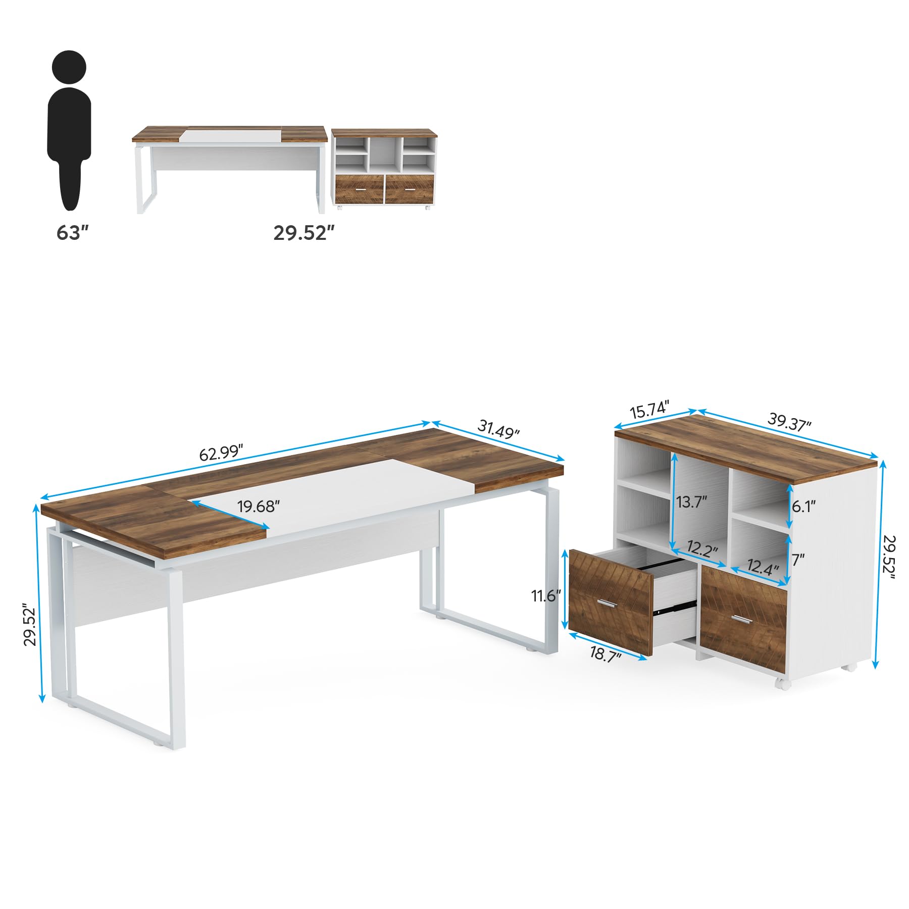 ProWork 63W L-Shaped Executive Desk with Reversible File Cabinet & Storage