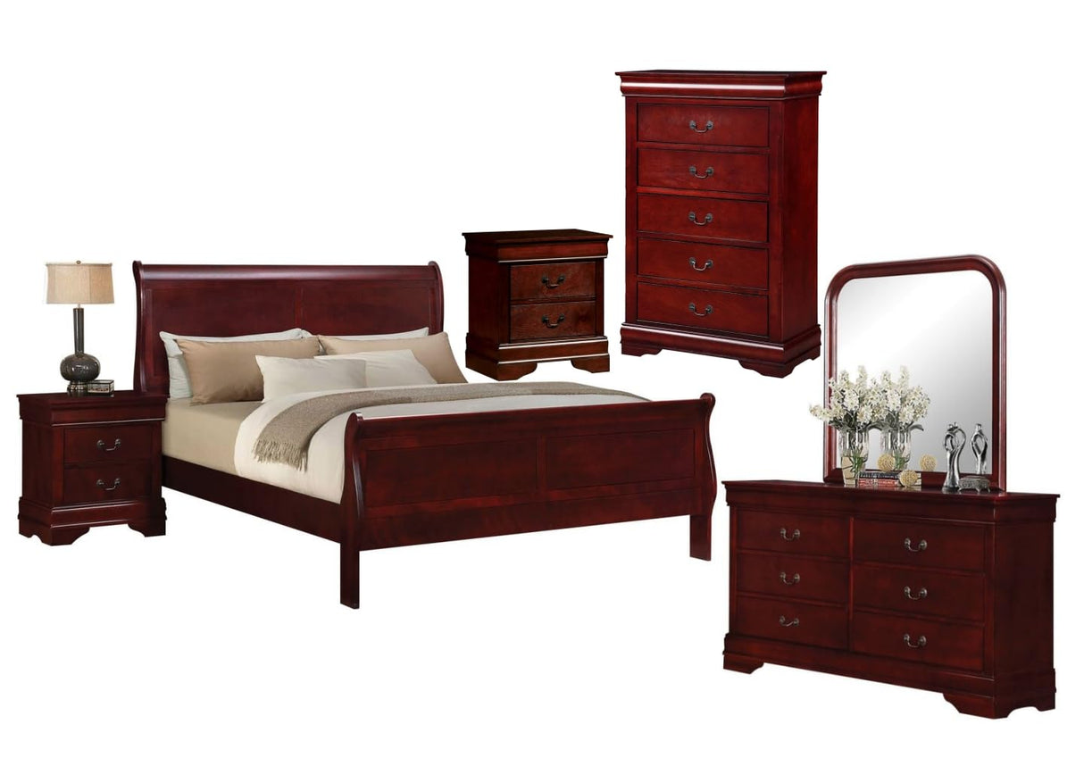 6PC Cherry Finish Louis Philippe Furniture Queen Size Bedroom Set. Bed, Dresser,